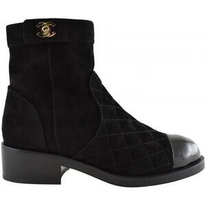 Chanel 20K Black Suede Quilted Turnlock CC Gold Patent Ankle Short Zip Boot 36.5